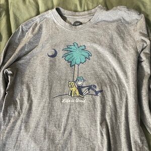Life Is Good Adult Gray Long Sleeve Shirt with Palm Tree & Dog Design